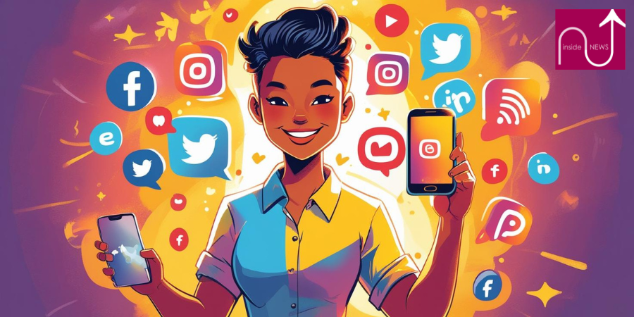 character smiling surrounded with social icons