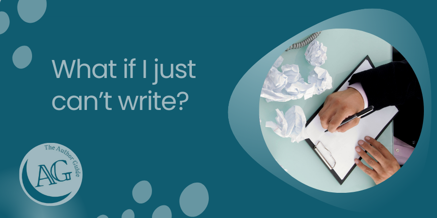 man trying to write surrounded by screwed up paper